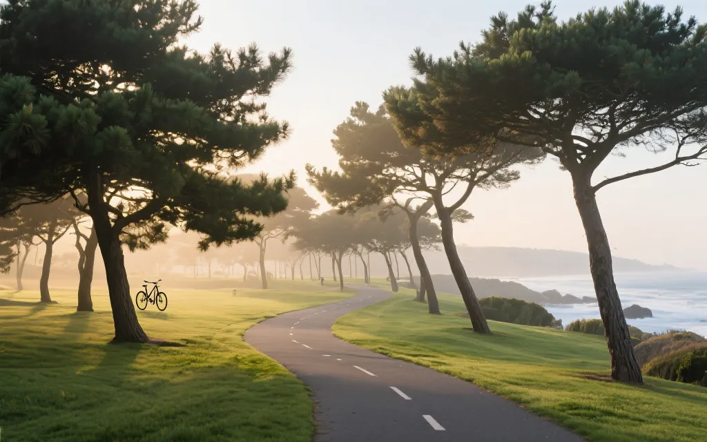 温哥华海边步道与松林、公园骑行的清晨画面，用于7天深度行程的氛围展示