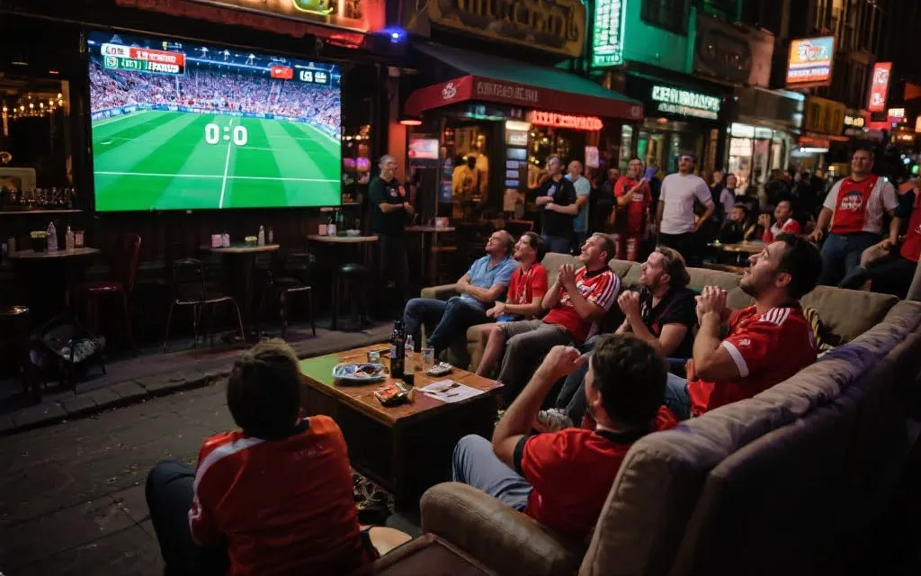 球迷在客厅与酒吧观看世界杯决赛直播，屏幕上显示实时比分，情绪爆发的瞬间
